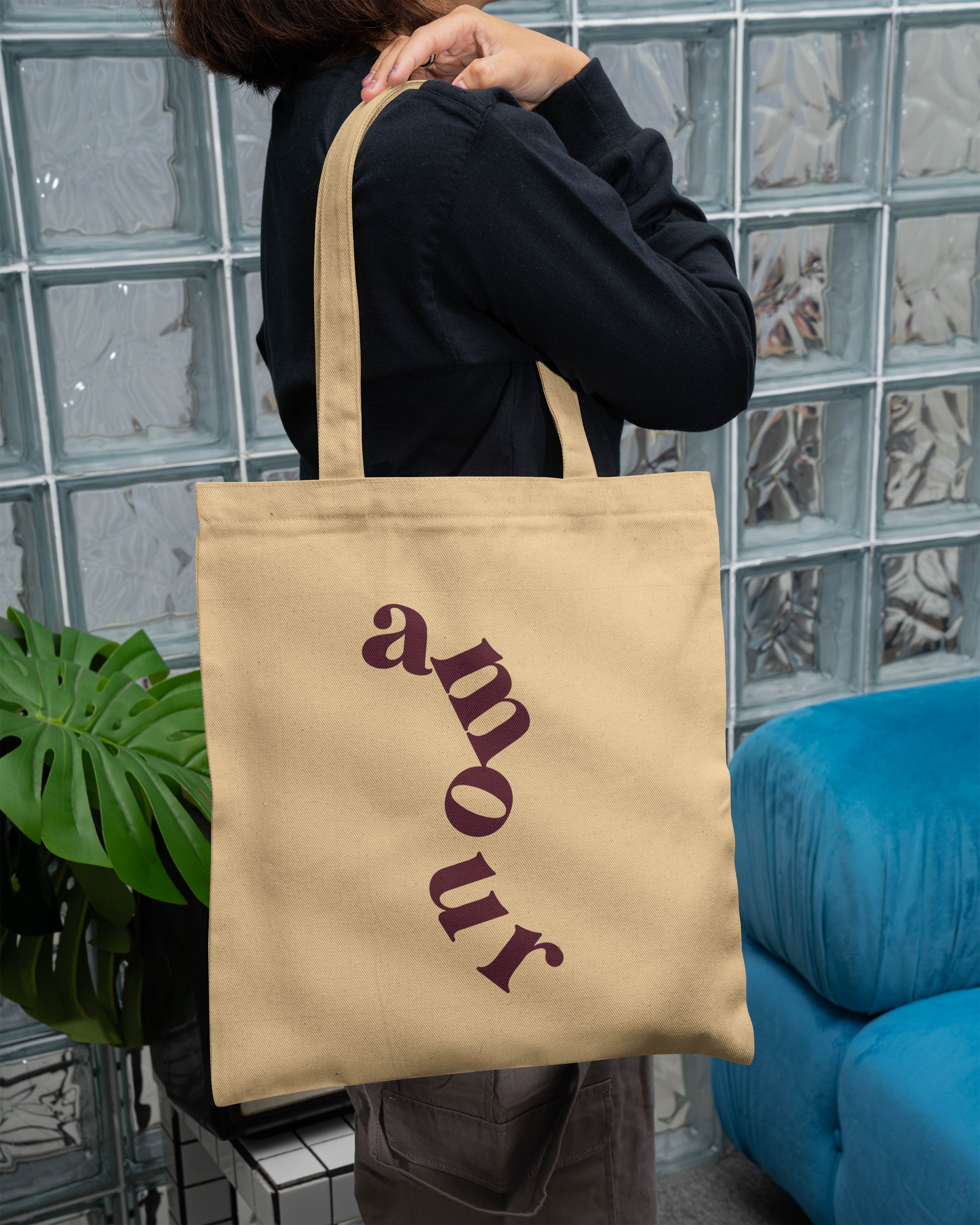 Amour Printed Canvas Tote Bag – Aesthetic Reusable Cotton Tote | Eco-Friendly Shopping, College & Daily Carry Bag (15 x 16 inch, Natural Beige)