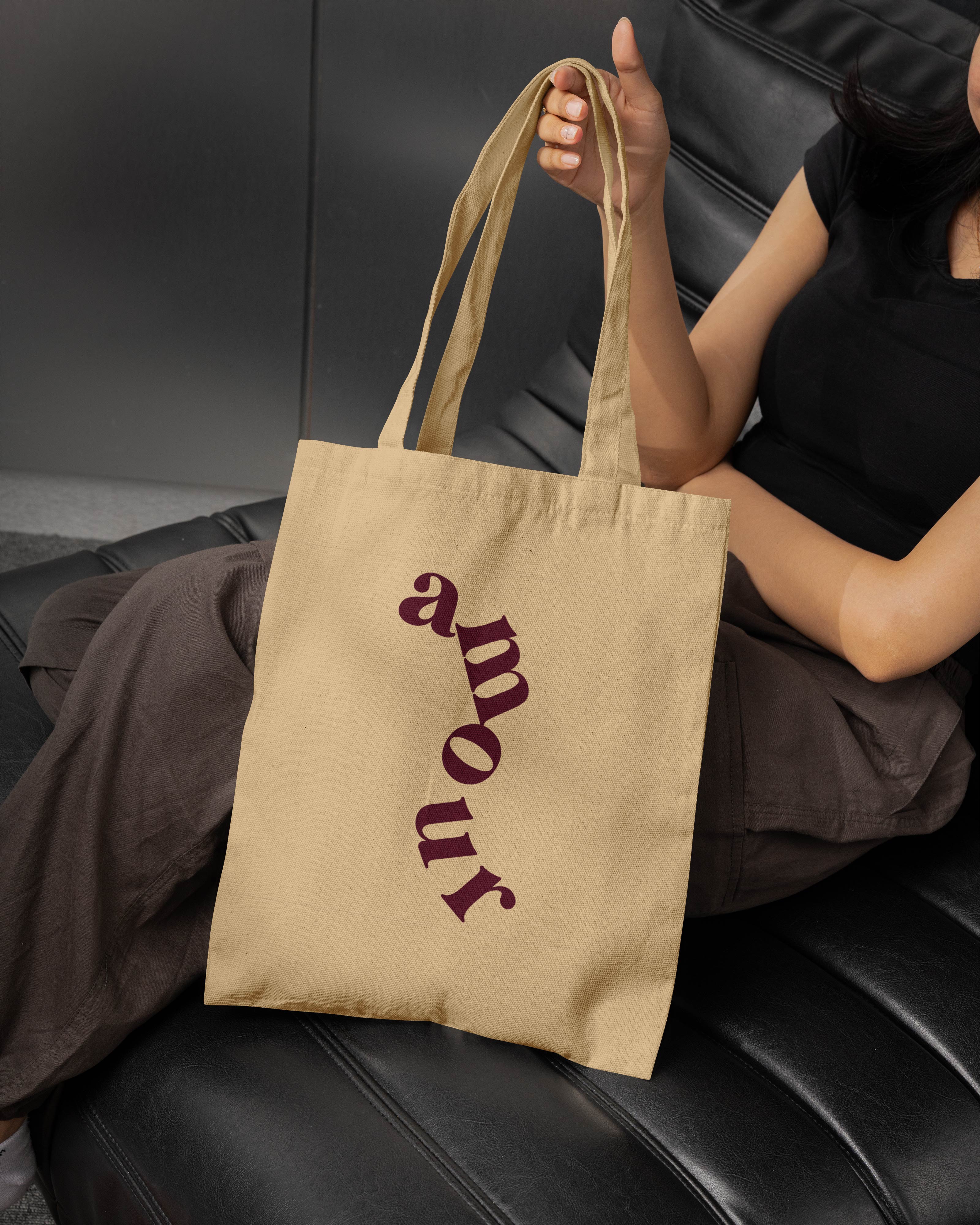 Amour Printed Canvas Tote Bag – Aesthetic Reusable Cotton Tote | Eco-Friendly Shopping, College & Daily Carry Bag (15 x 16 inch, Natural Beige)