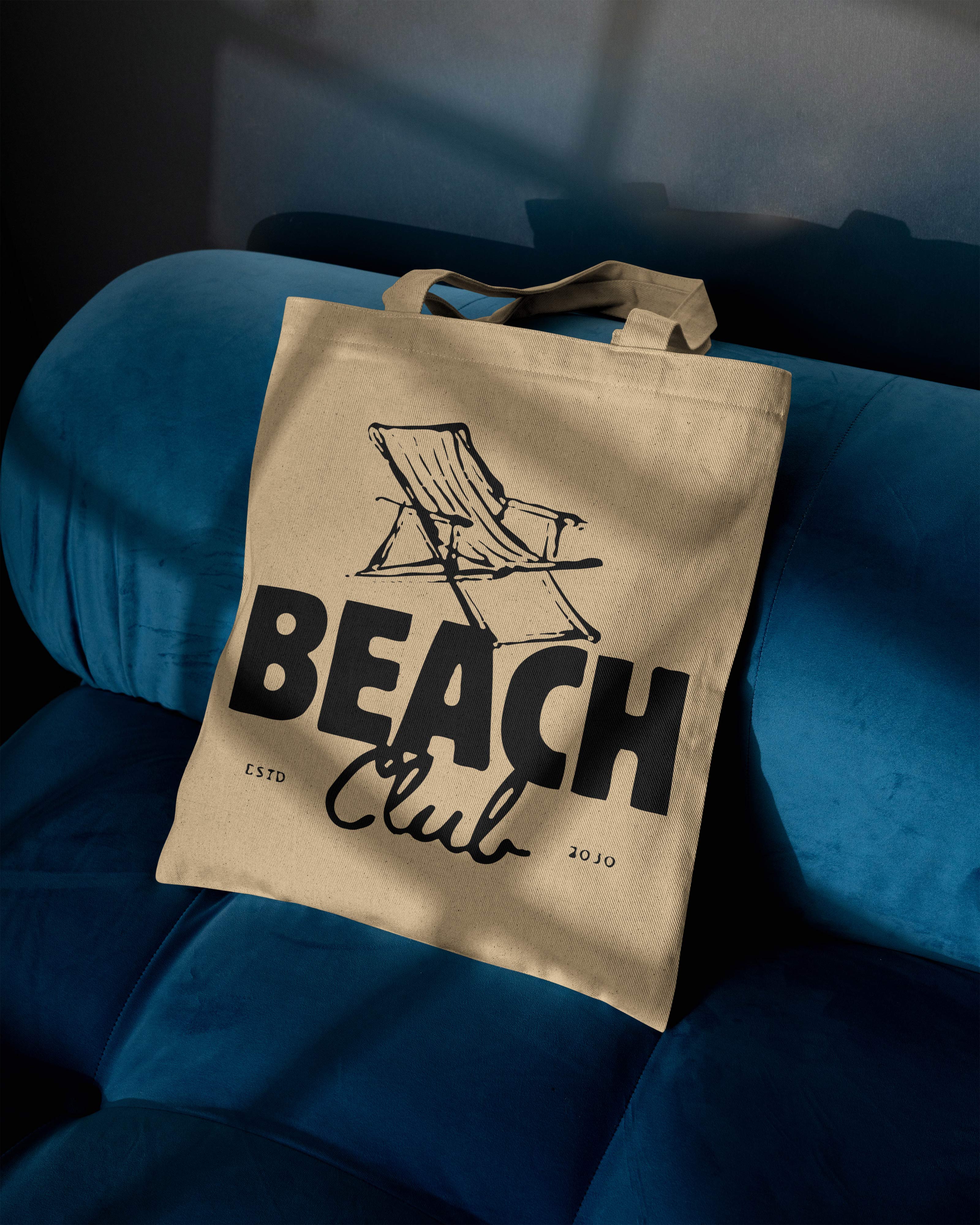 Beach Club Printed Tote Bag – Coastal Vibe Cotton Tote  Reusable Beach, Travel & Everyday Canvas Bag (15 x 16 inch, Natural Beige)