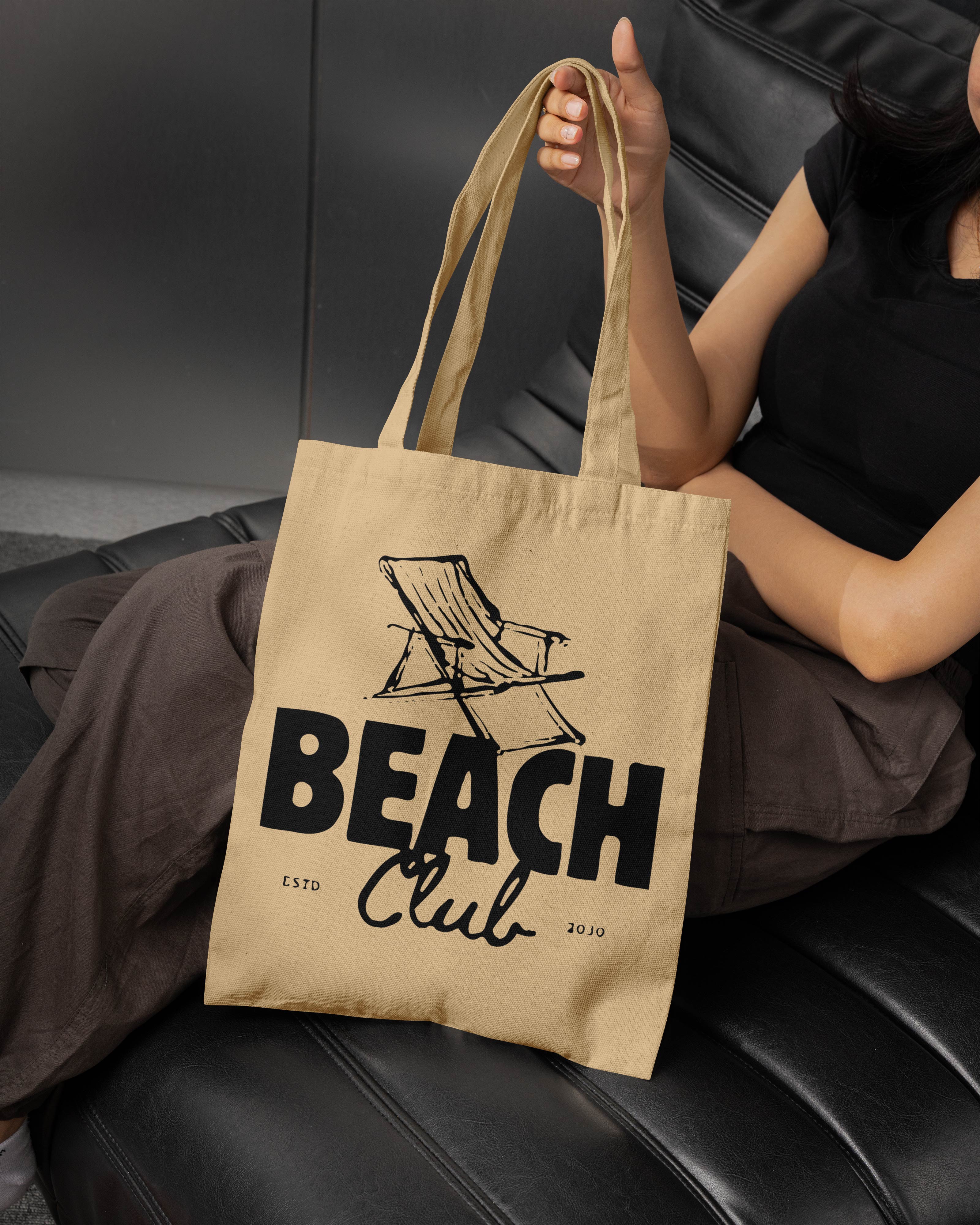 Beach Club Printed Tote Bag – Coastal Vibe Cotton Tote  Reusable Beach, Travel & Everyday Canvas Bag (15 x 16 inch, Natural Beige)