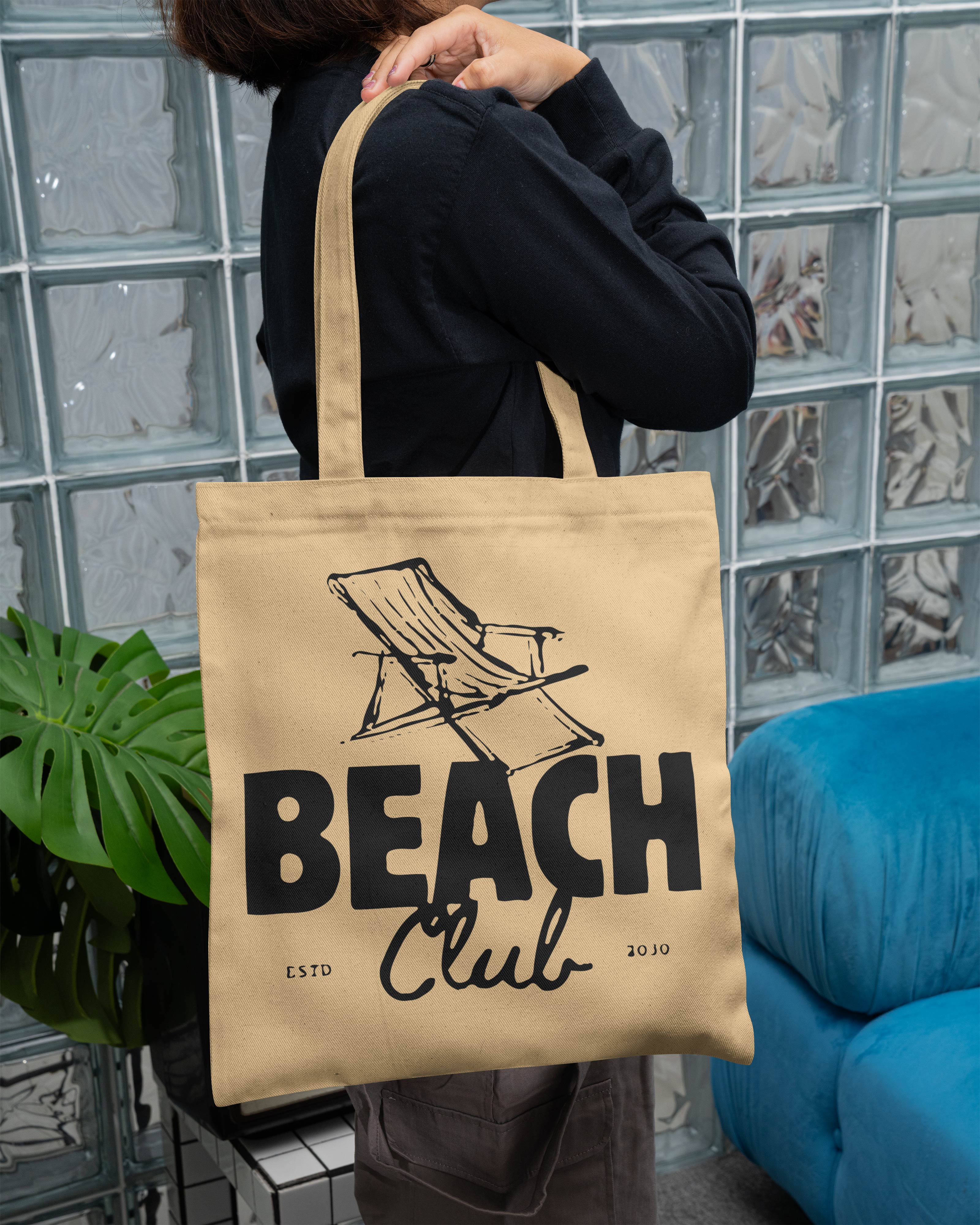 Beach Club Printed Tote Bag – Coastal Vibe Cotton Tote  Reusable Beach, Travel & Everyday Canvas Bag (15 x 16 inch, Natural Beige)