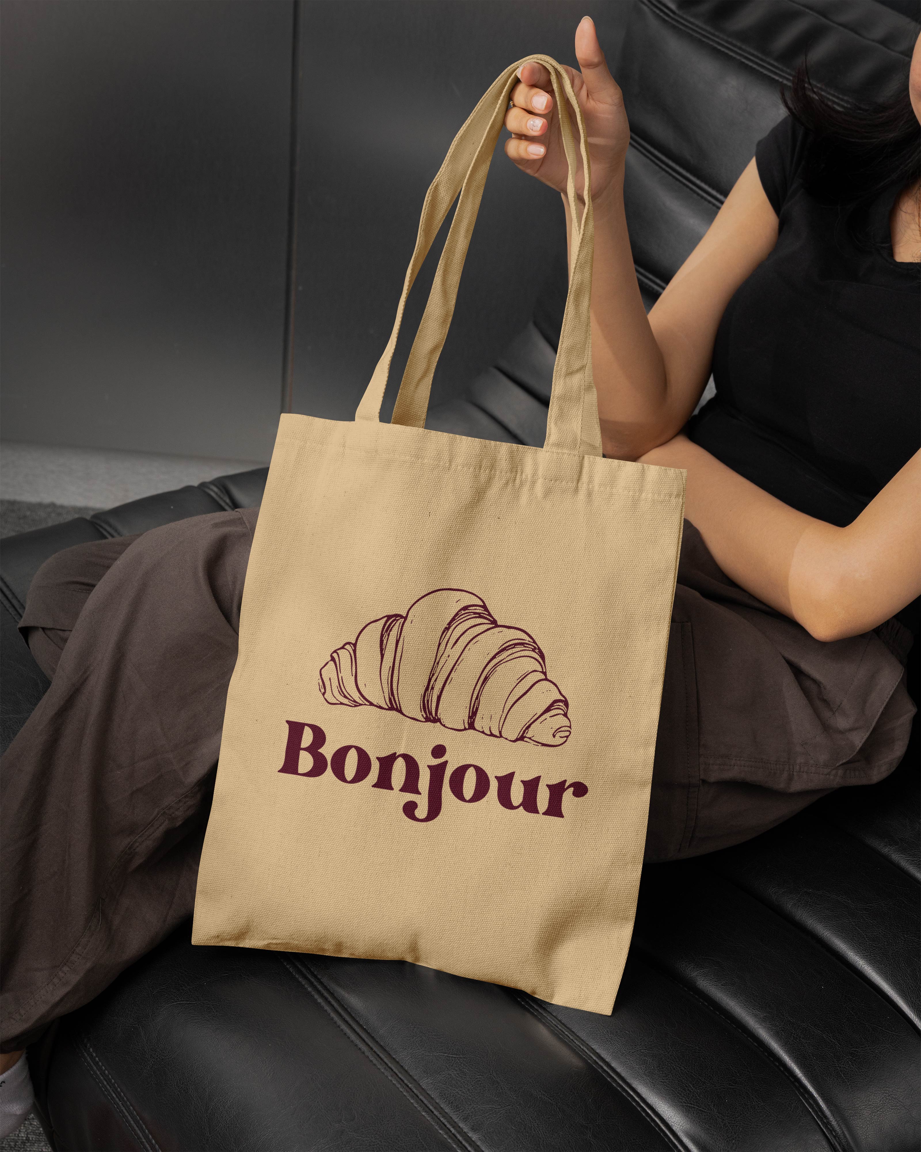 Bonjour Printed Tote Bag – French Aesthetic Cotton Tote | Reusable Everyday Canvas Shopping Bag (15 x 16 inch, Natural Beige)