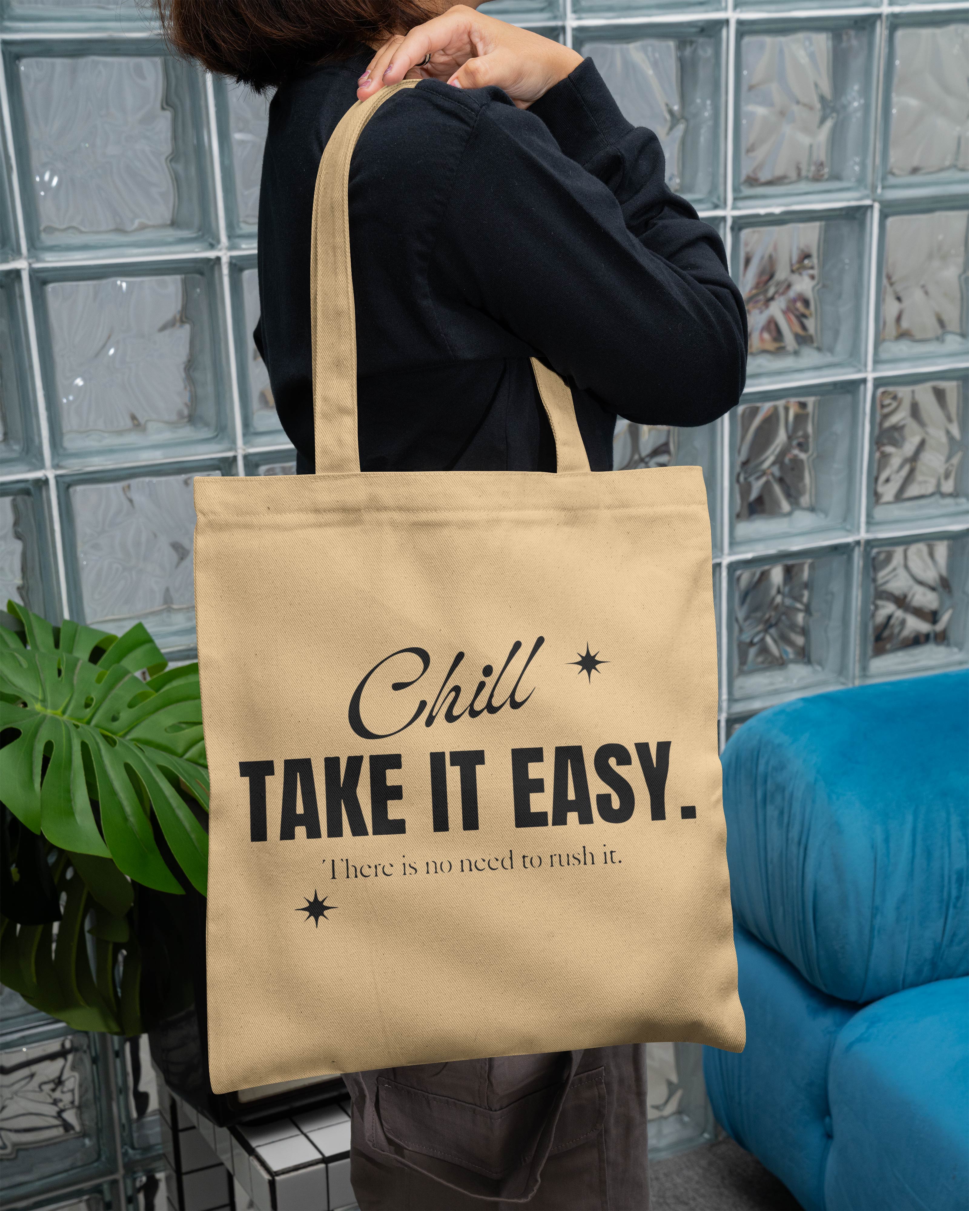 Chill Take It Easy Printed Canvas Tote Bag – Minimal Street Style Cotton Tote  Reusable Everyday Canvas Shopping Bag (15 x 16 inch, Natural Beige)