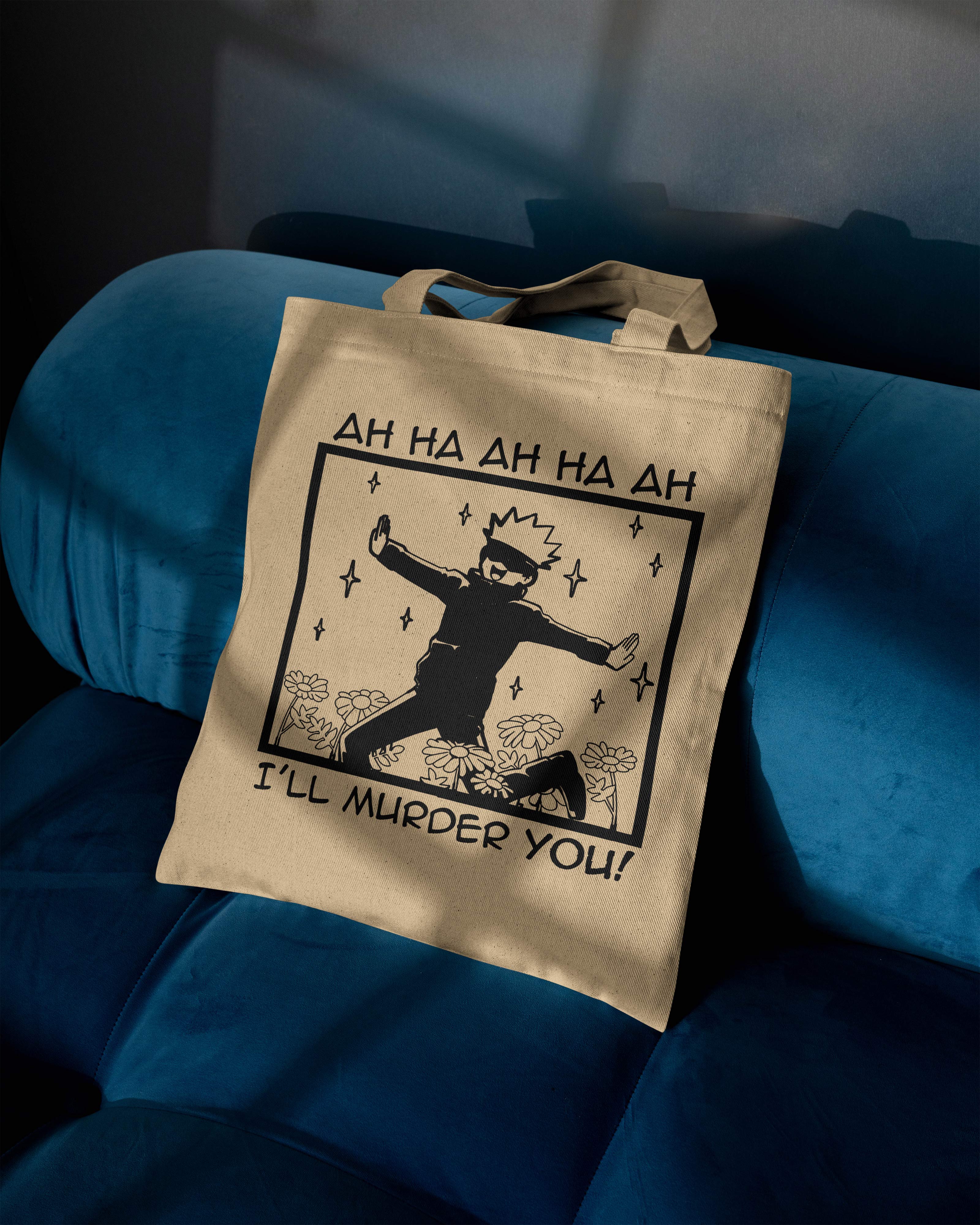 Gojou Satoru I'll Murder you Printed Canvas Tote Bag – Minimal Streetwear Cotton Tote  Reusable Everyday Canvas Shopping Bag (15 x 16 inch, Natural Beige)