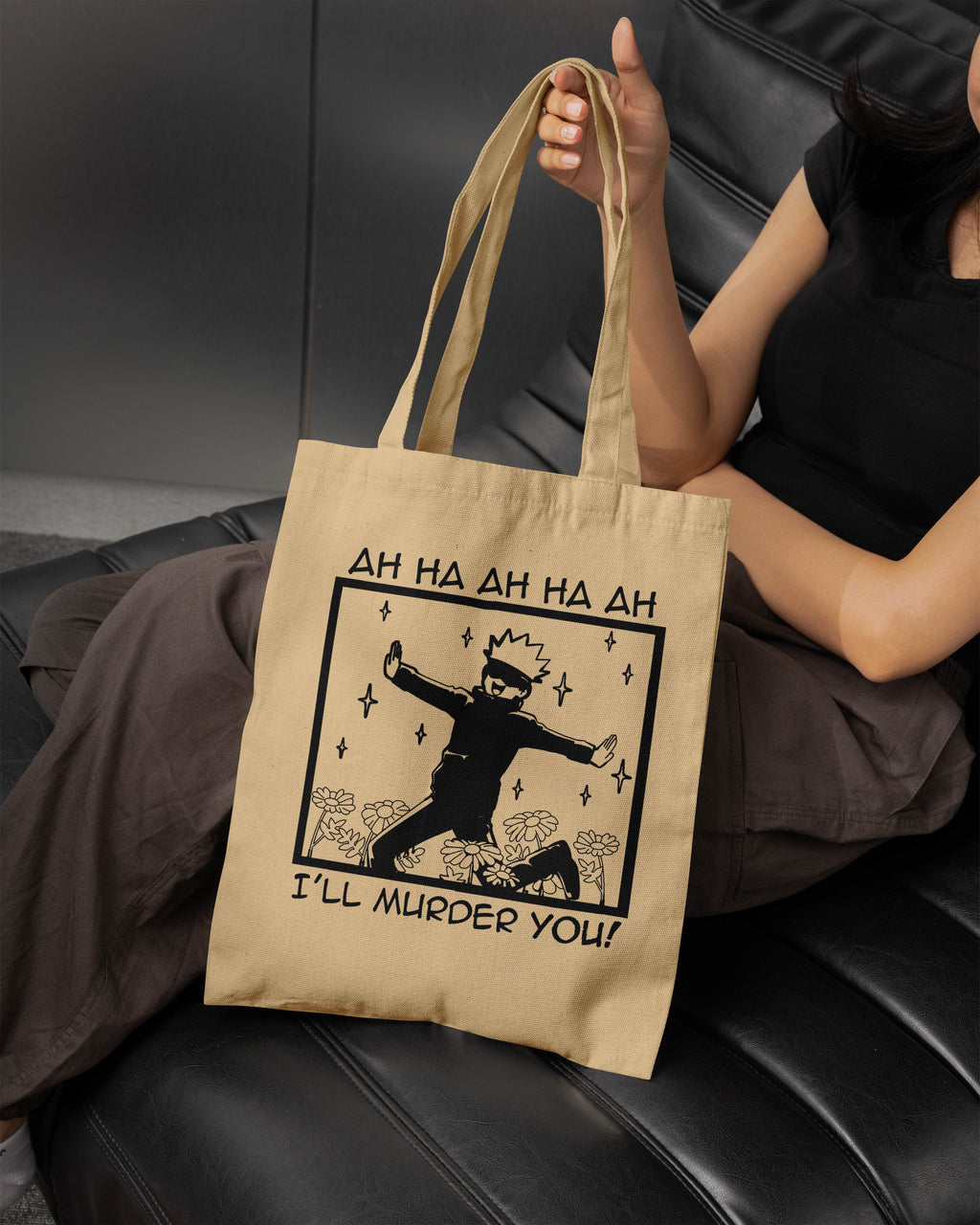 Gojou Satoru I'll Murder you Printed Canvas Tote Bag – Minimal Streetwear Cotton Tote  Reusable Everyday Canvas Shopping Bag (15 x 16 inch, Natural Beige)