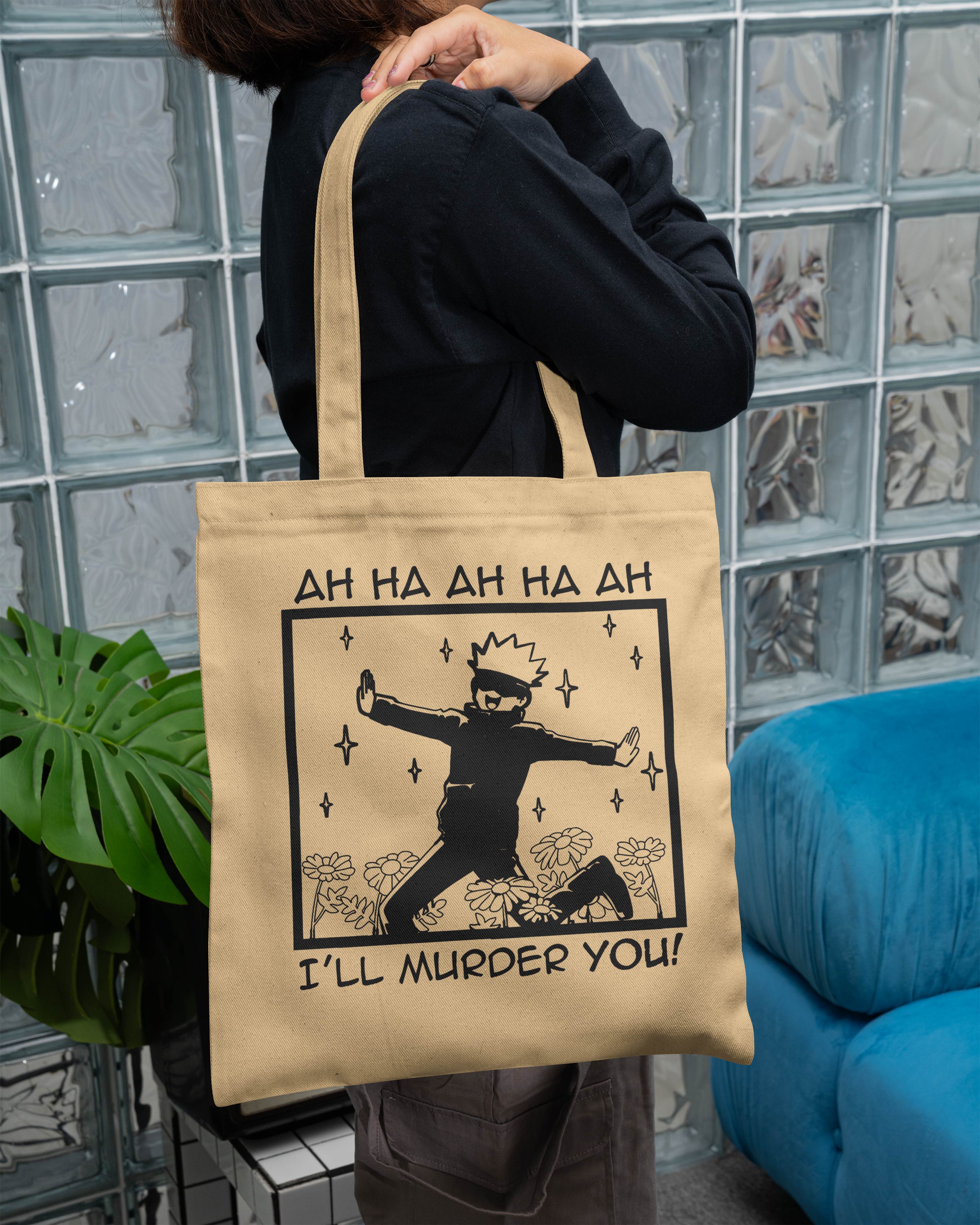 Gojou Satoru I'll Murder you Printed Canvas Tote Bag – Minimal Streetwear Cotton Tote  Reusable Everyday Canvas Shopping Bag (15 x 16 inch, Natural Beige)