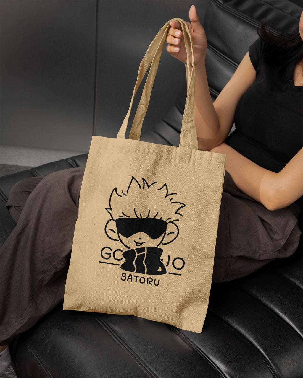 Gojou Satoru Printed Canvas Tote Bag – Minimal Streetwear Cotton Tote  Reusable Everyday Canvas Shopping Bag (15 x 16 inch, Natural Beige