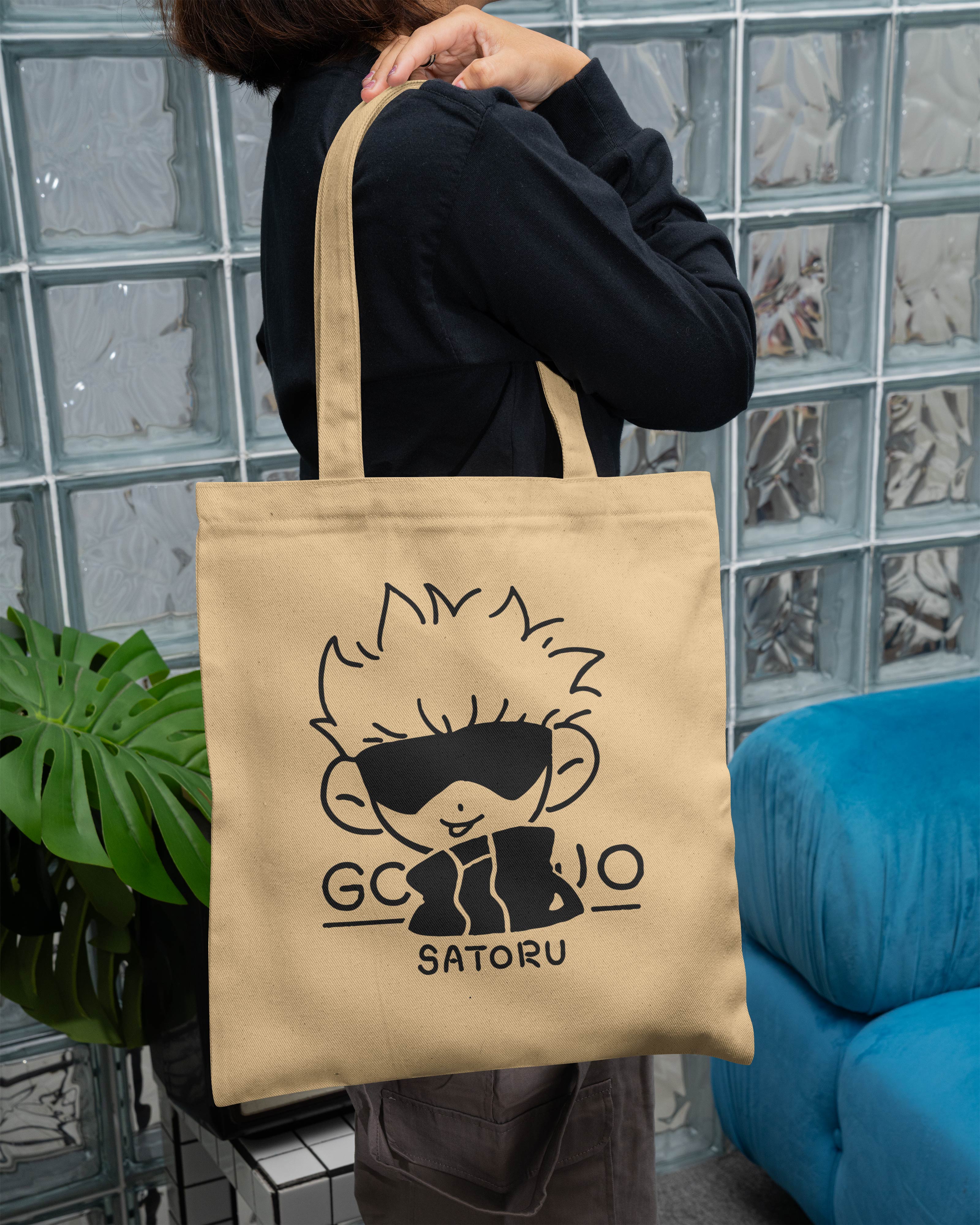 Gojou Satoru Printed Canvas Tote Bag – Minimal Streetwear Cotton Tote  Reusable Everyday Canvas Shopping Bag (15 x 16 inch, Natural Beige