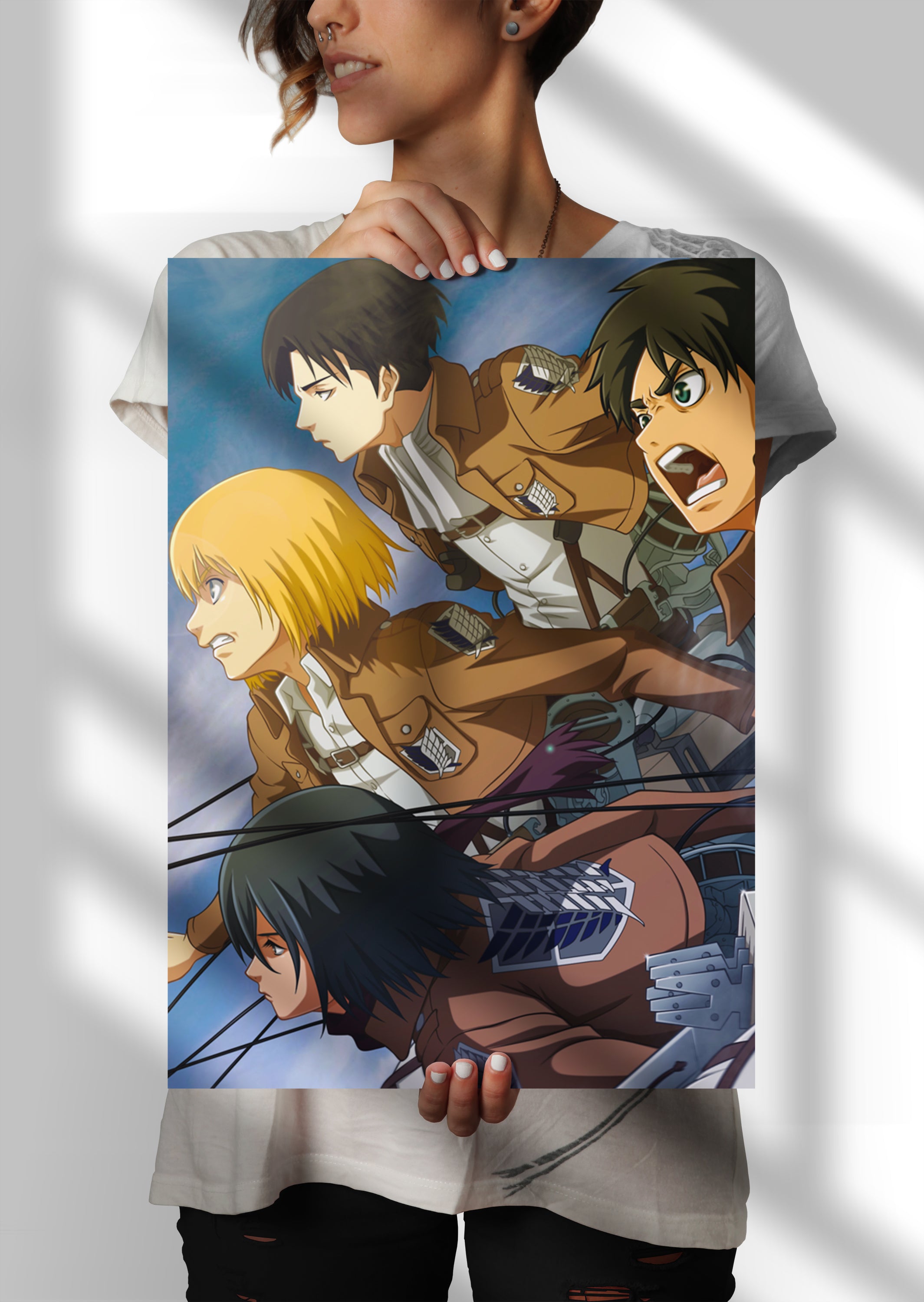 Attack on Titan Eren Yeager, Mikasa Ackerman, Armin Arlert, and Levi Ackerman Anime Metal Poster
