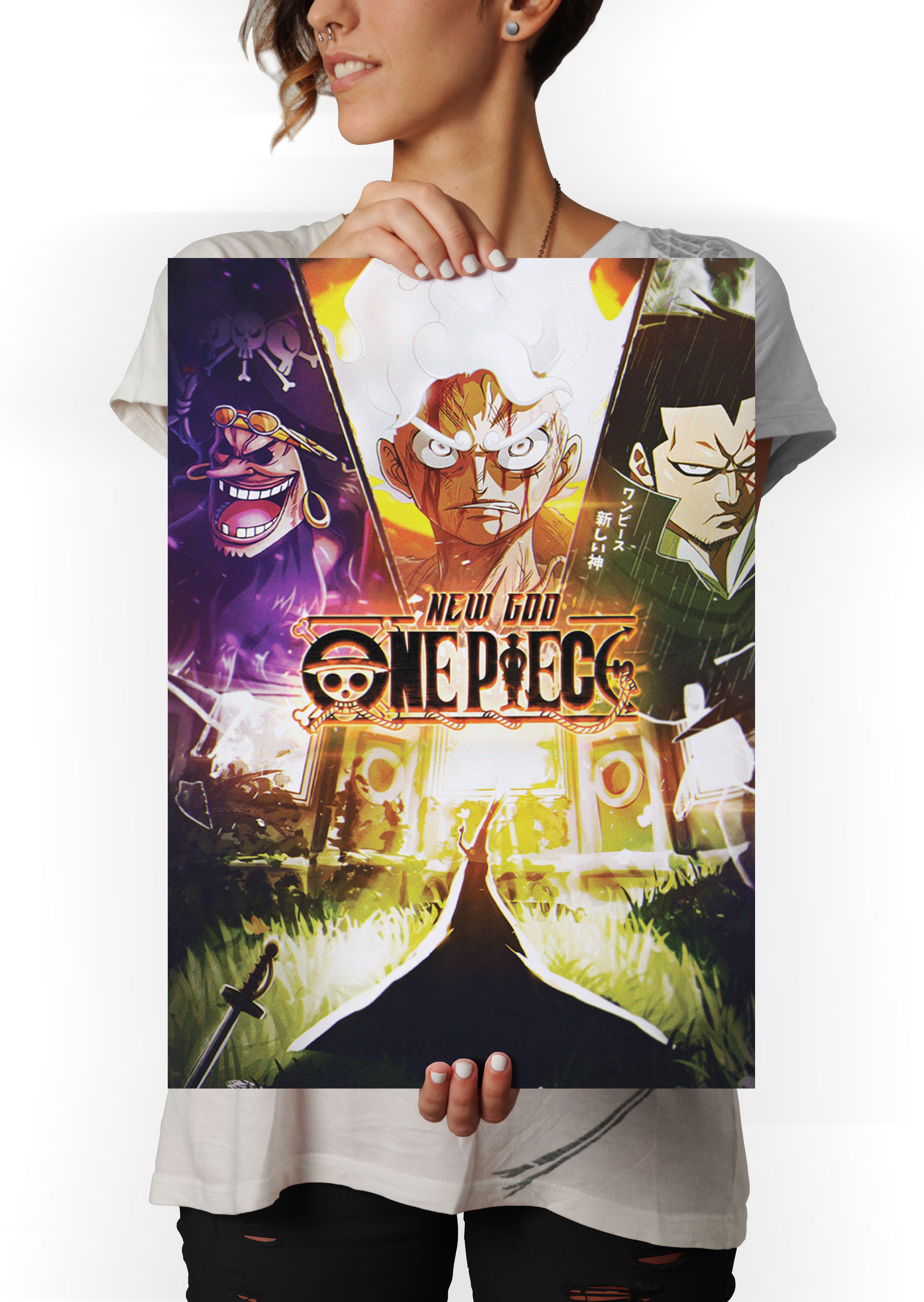 Blackbeard, Luffy Gear 5, Dragon, and Imu Anime Metal Poster