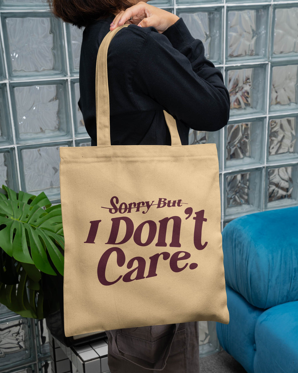 I Don’t Care Printed Canvas Tote Bag – Bold Graphic Cotton Tote  Reusable Everyday Canvas Shopping Bag (15 x 16 inch, Natural Beige)