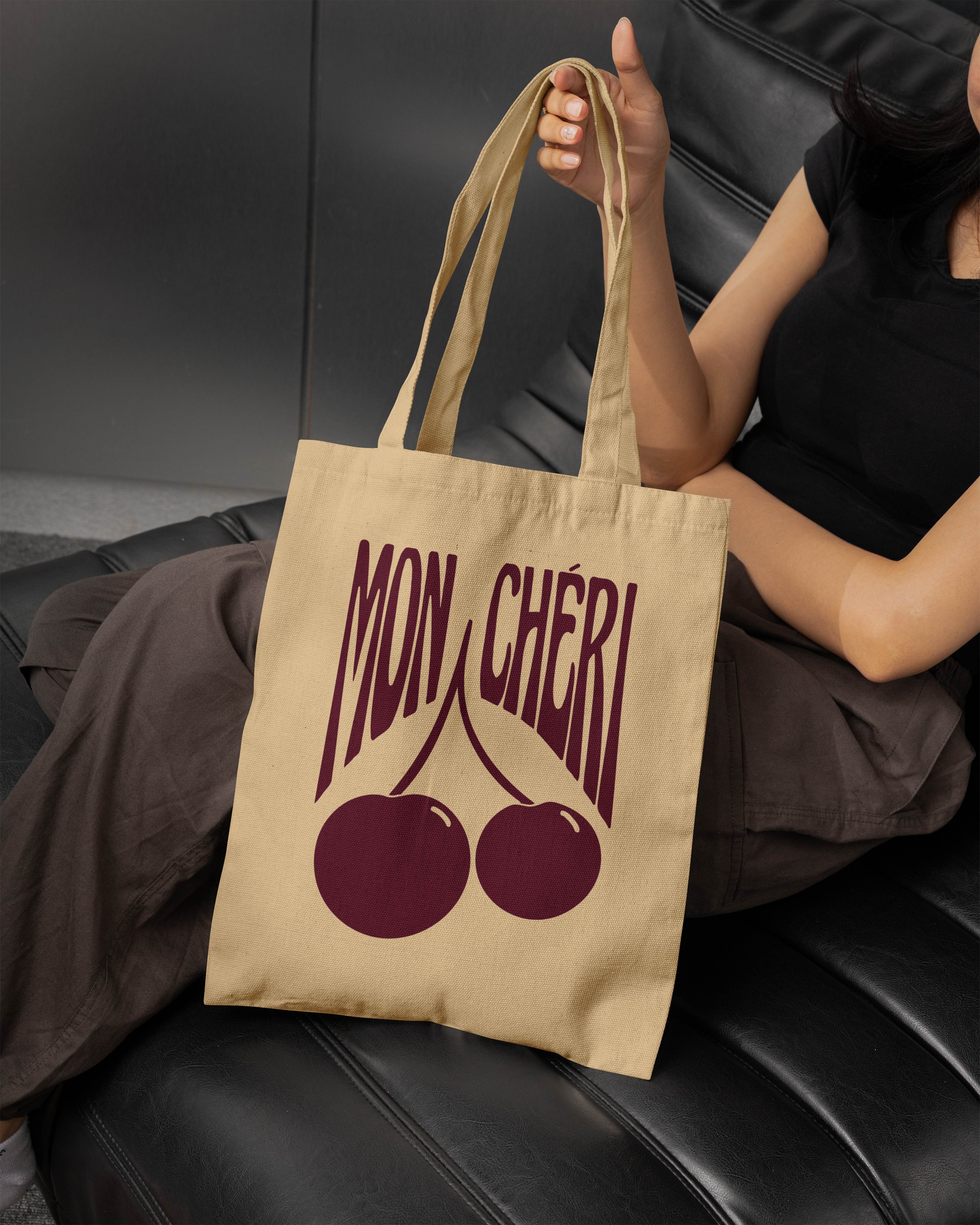 Mon Chéri Printed Canvas Tote Bag – French Aesthetic Cotton Tote | Reusable Everyday Canvas Shopping Bag (15 x 16 inch, Natural Beige)