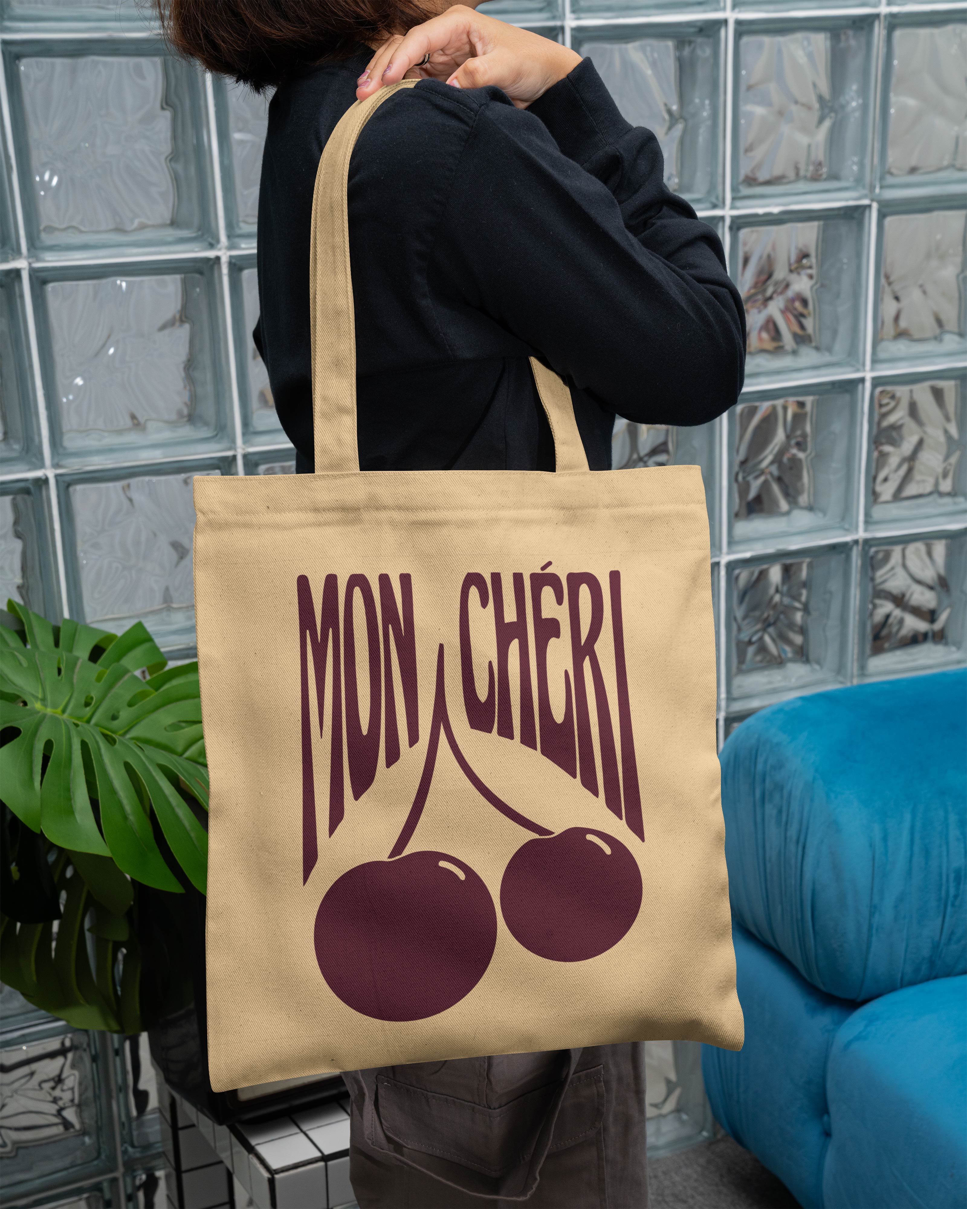 Mon Chéri Printed Canvas Tote Bag – French Aesthetic Cotton Tote | Reusable Everyday Canvas Shopping Bag (15 x 16 inch, Natural Beige)